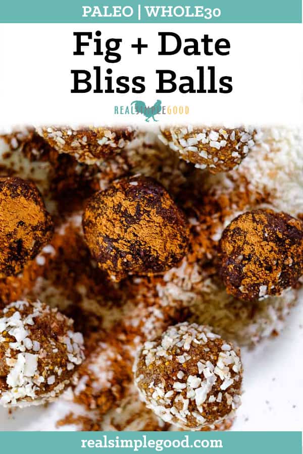 Fig and date bliss balls rolled in coconut and raw cacao long pin. 