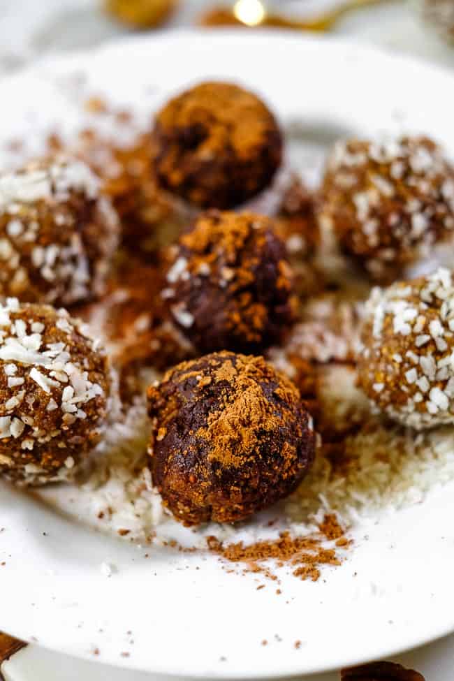 Fig and date bliss balls rolled in coconut and raw cacao. 