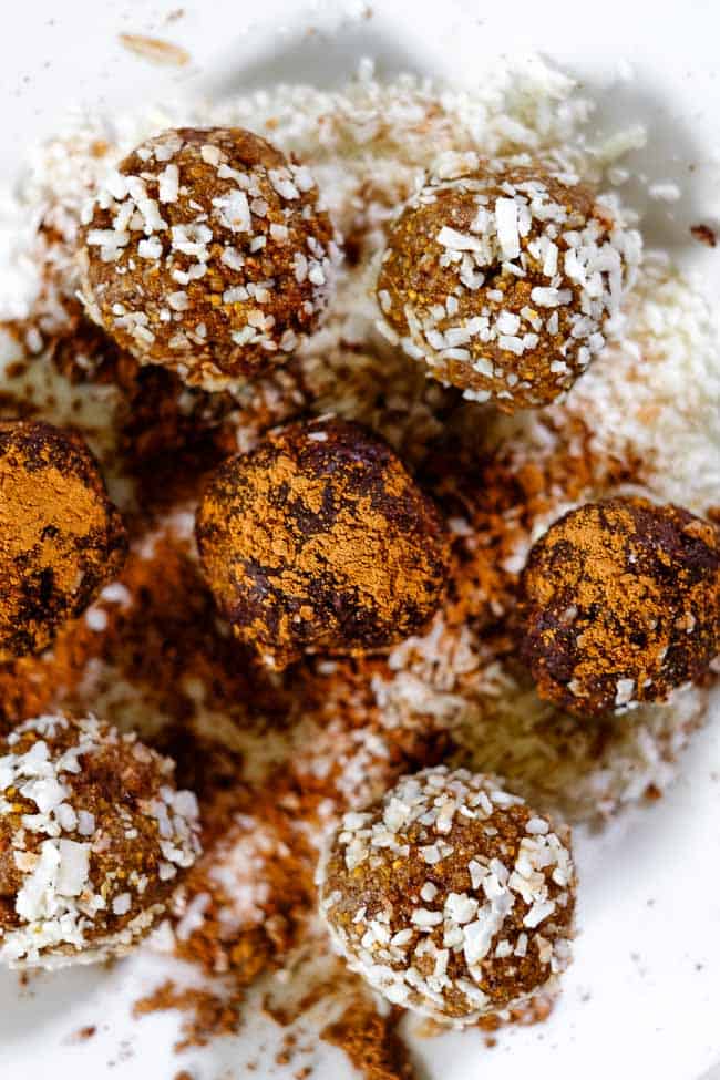 Fig and date bliss balls rolled in coconut and raw cacao. 