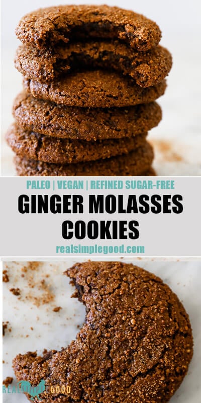 Two stacked images with text overlay in the middle. Stack of ginger molasses cookies on top and one cookie with a bite taken out on bottom. 