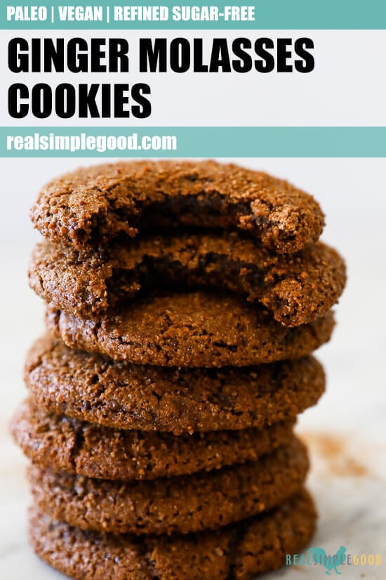 Vertical straight on image of stack of ginger molasses cookies with text overlay at top. 