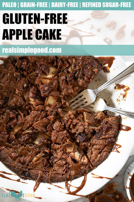 Close up of gluten-free apple cake with forks dug in and text overlay at the top. 