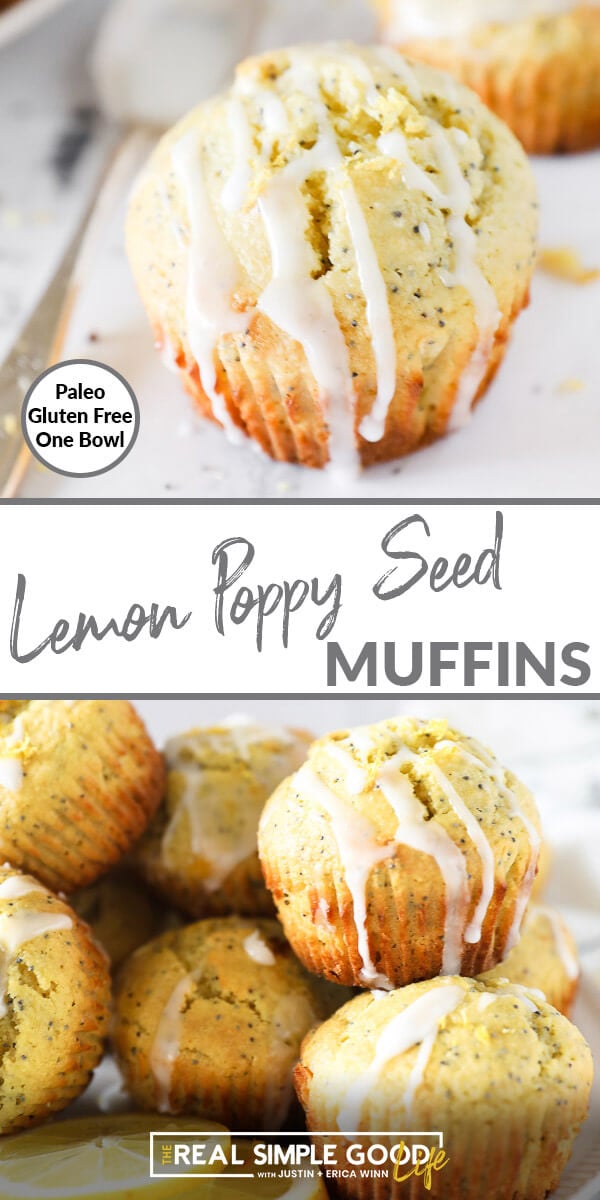 Vertical split image with text overlay in the middle. Top image is close up of one lemon poppy seed muffin with glaze drizzled on top. Bottom image is muffins piled on a plate with glazed drizzled on top. 