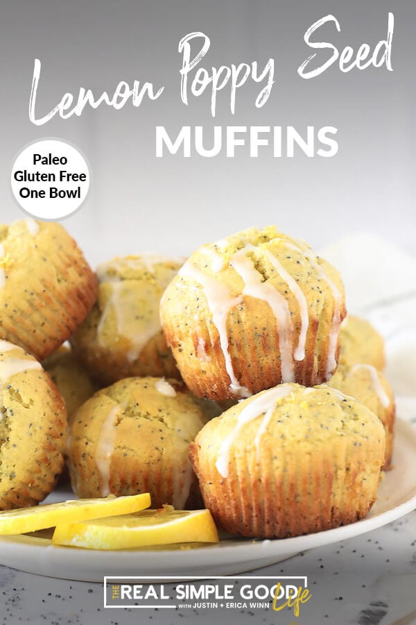 Vertical image with text overlay at top. Lemon poppy seed muffins piled on a plate with lemon glaze drizzled on top. 