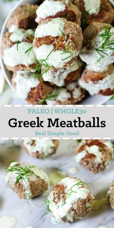 Greek meatballs in a bowl with Tzatziki sauce and fresh dill on top long pin. 