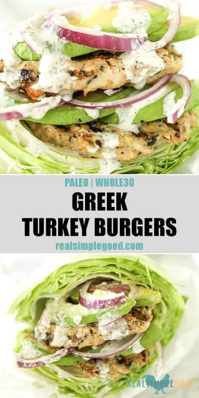 Two close up images of Greek turkey burgers wrapped in lettuce with tzatziki sauce dripping down the sides. Toppings include avocado and red onion. Text overlay between images for pinterest. 