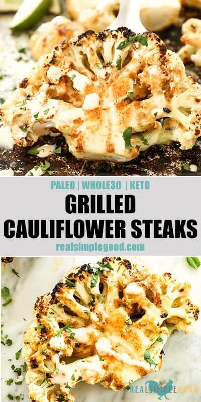 Two close up images of grilled cauliflower with text in the middle for pinterest. 