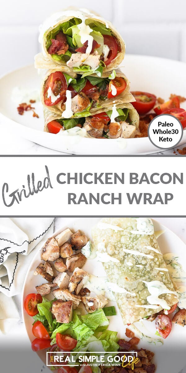 Split image with text at top. 3 wraps stacked on a plate on top and a wrap with ranch drizzle and ingredients on the side on the bottom