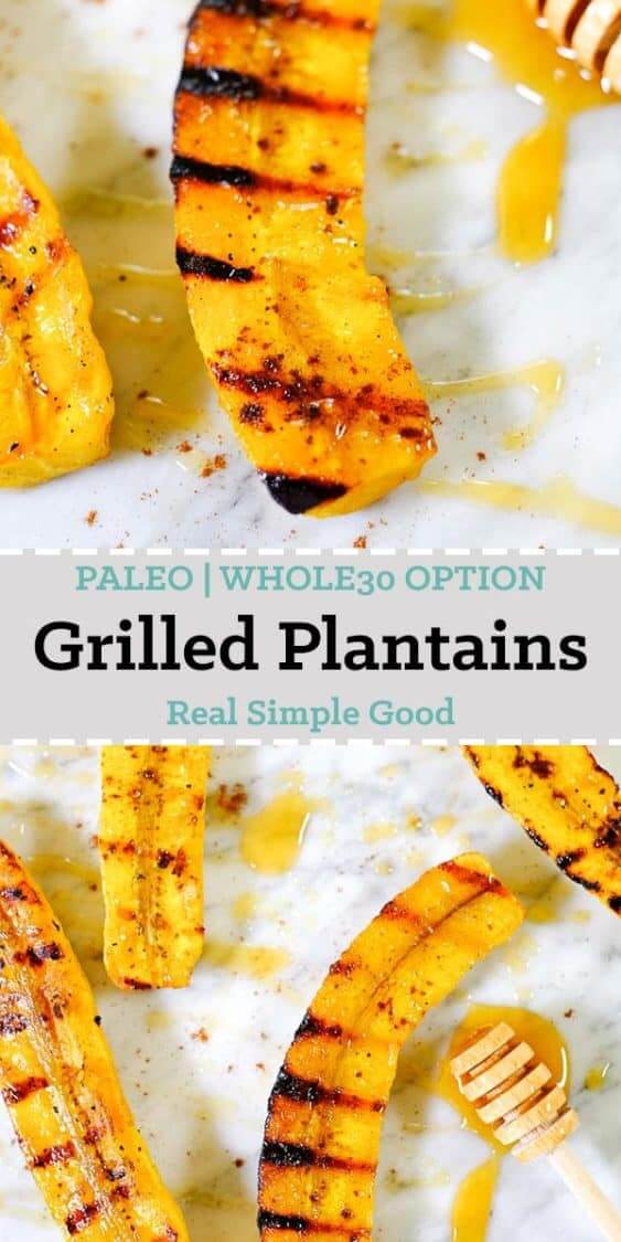 Grilled plantains spread out on marble with honey and cinnamon long pin. 