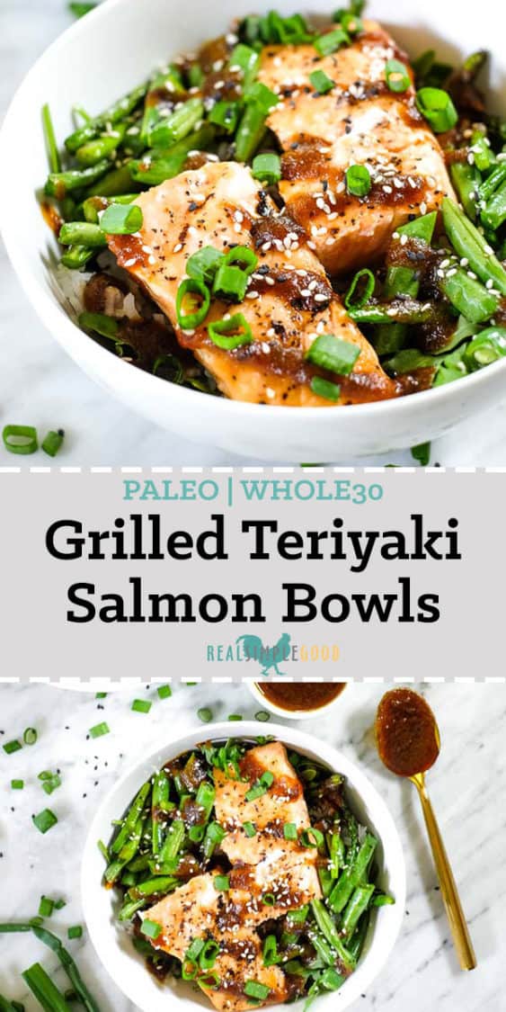 Grilled teriyaki salmon in a bowl with green beans, asparagus, rice and greens. Topped with teriyaki sauce, green onion and sesame seeds long pin. 