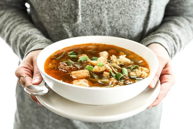 Hamburger soup image person holding a bowl of soup