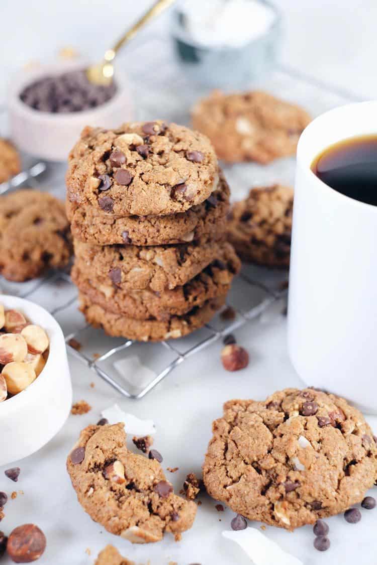 Want a salty-sweet treat without spending a ton of time in the kitchen? These hazelnut chocolate chip cookies are about to be your jam! Paleo, Gluten-Free, Dairy-Free + Refined Sugar-Free. | realsimplegood.com