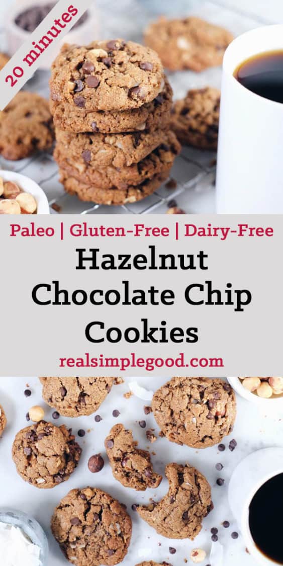 Want a salty-sweet treat without spending a ton of time in the kitchen? These hazelnut chocolate chip cookies are about to be your jam! Paleo, Gluten-Free, Dairy-Free + Refined Sugar-Free. | realsimplegood.com