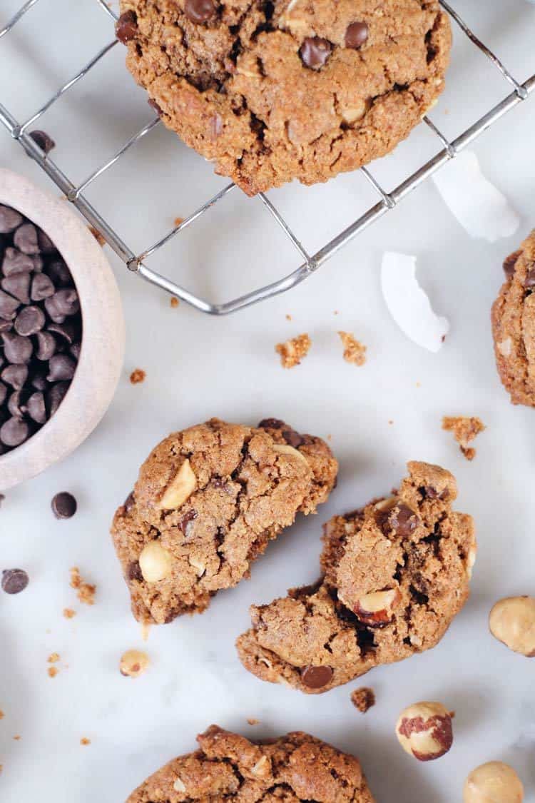 Want a salty-sweet treat without spending a ton of time in the kitchen? These hazelnut chocolate chip cookies are about to be your jam! Paleo, Gluten-Free, Dairy-Free + Refined Sugar-Free. | realsimplegood.com