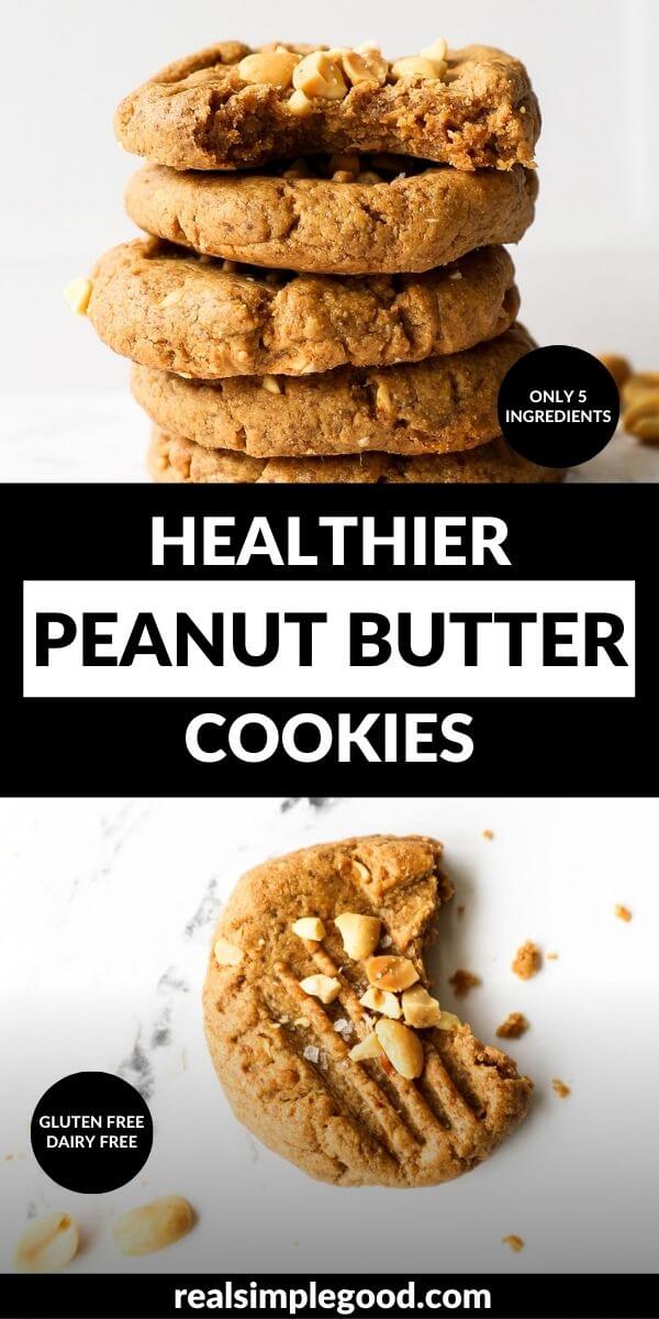 Vertical split image with text overlay in the middle. Top image of a stack of peanut butter cookies. Bottom image of one gluten free cookie with a bite taken out of it.
