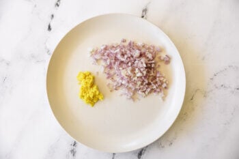 Chopped shallot and grated ginger on a white plate