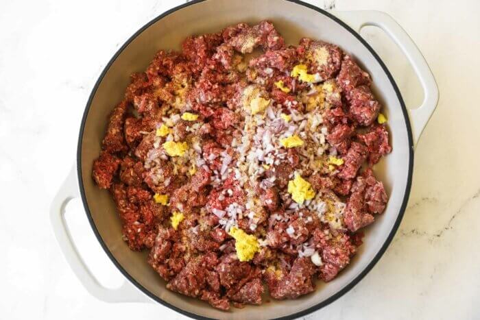 Raw ground beef with shallot, grated ginger and seasonings mixed in