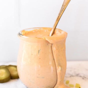 Keto big mac sauce in a jar with spoon coming out