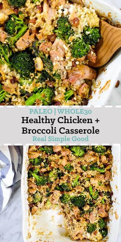 Healthy chicken and broccoli casserole with bacon and cauliflower rice in a creamy sauce. 