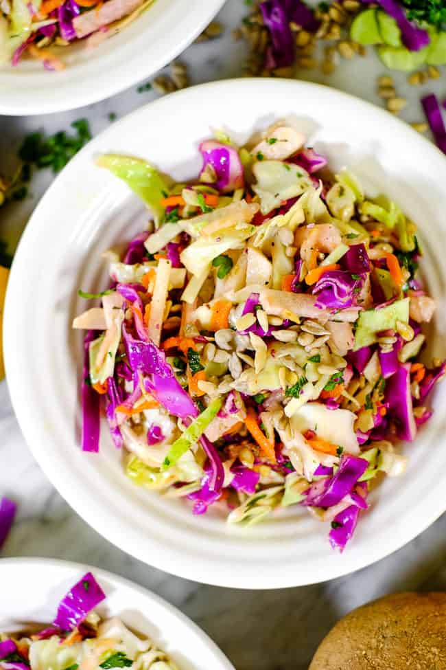 Healthy coleslaw closer up shot in a bowl. 