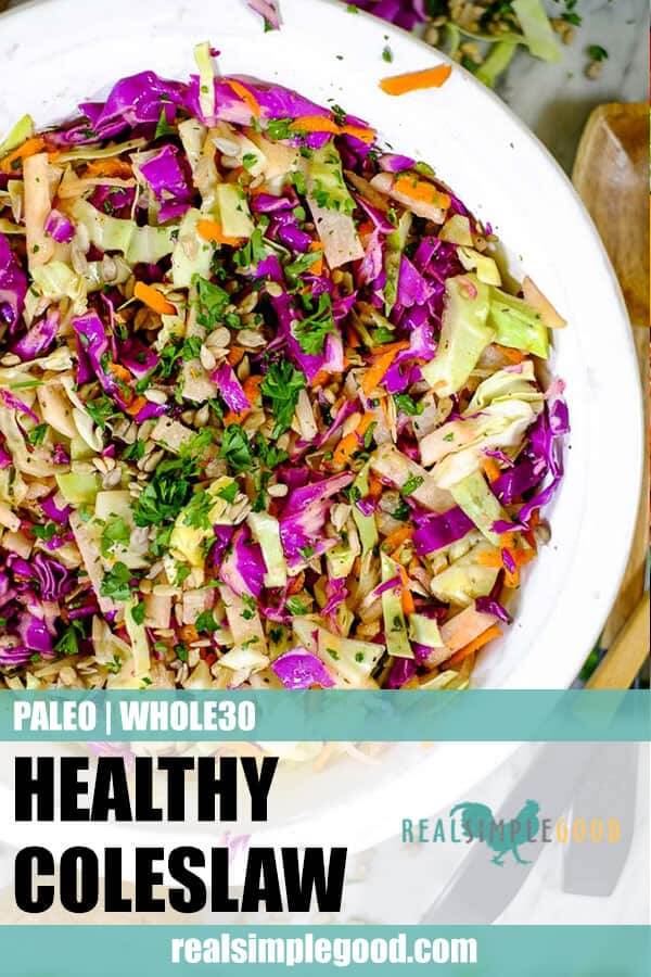 Healthy coleslaw in a serving bowl long pin. 