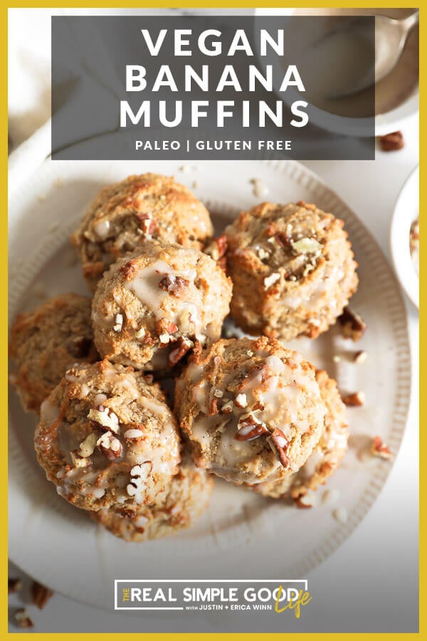 Image with text overlay at the top. Gluten free, vegan banana muffins on a plate with glaze drizzled on top and sprinkled with chopped pecans. 