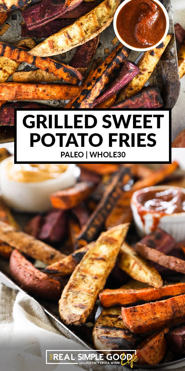 Vertical split image of grilled sweet potato fries with text overlay in the middle. Top image is overhead image of fries on pan with ketchup. Bottom image is angled close up of fries. 