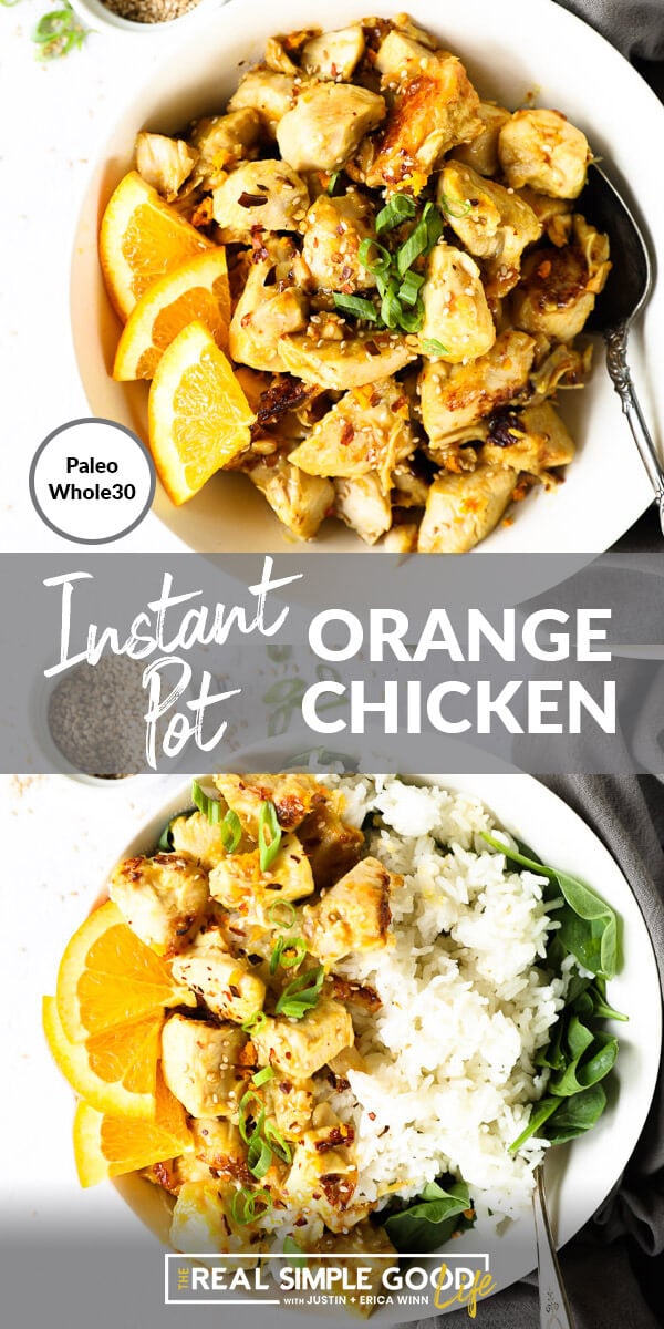 Split image with text in middle. Orange chicken in a bowl with spoon on top and orange chicken with rice and greens on bottom. 