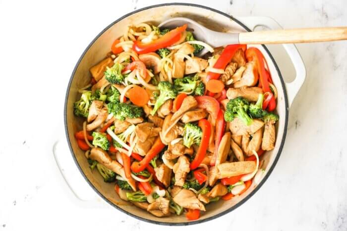 Cooked marinated chicken stir fry in a skillet with spoon