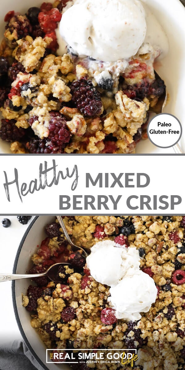 Split vertical image with text overlay in the middle. Top image close up of berry crisp with ice cream in a bowl. Bottom image of berry crisp in skillet with ice cream on top and two spoons dug in. 