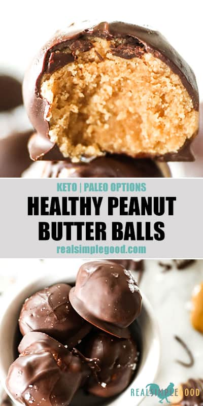 Two close up images of peanut butter balls - one with a bite taken out and the other of peanut butter balls in a small bowl. Text overlay in the middle for pinterest. 