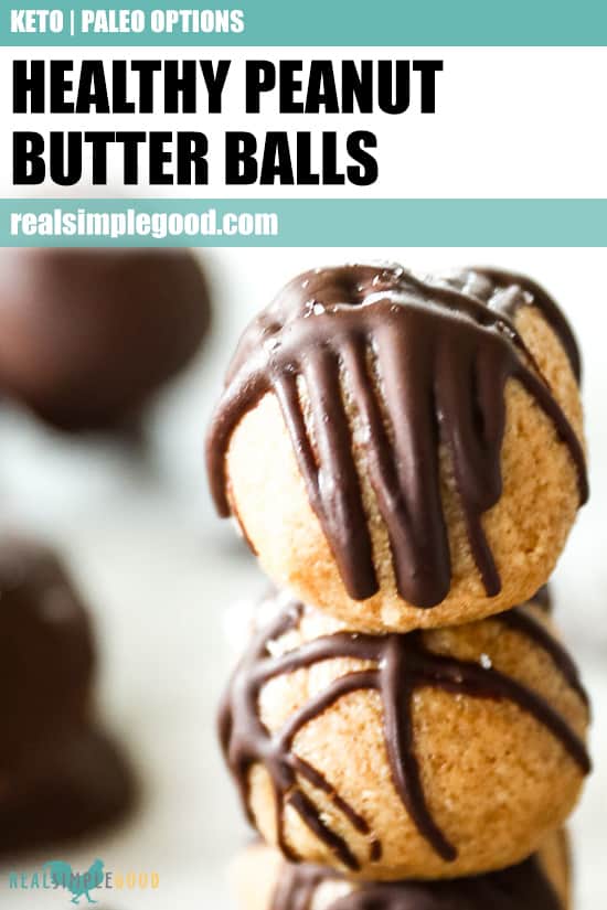 Stack of peanut butter balls with chocolate drizzle on top and text overlay at top for pinterest. 