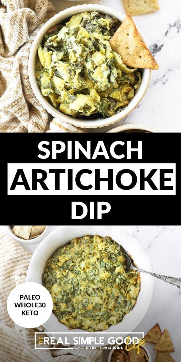 Vertical split image with text overlay in the middle. Top image of spinach artichoke dip in a ramekin with a cracker dug in. Bottom image of dip in a larger serving dish with spoon and crackers on the side. 