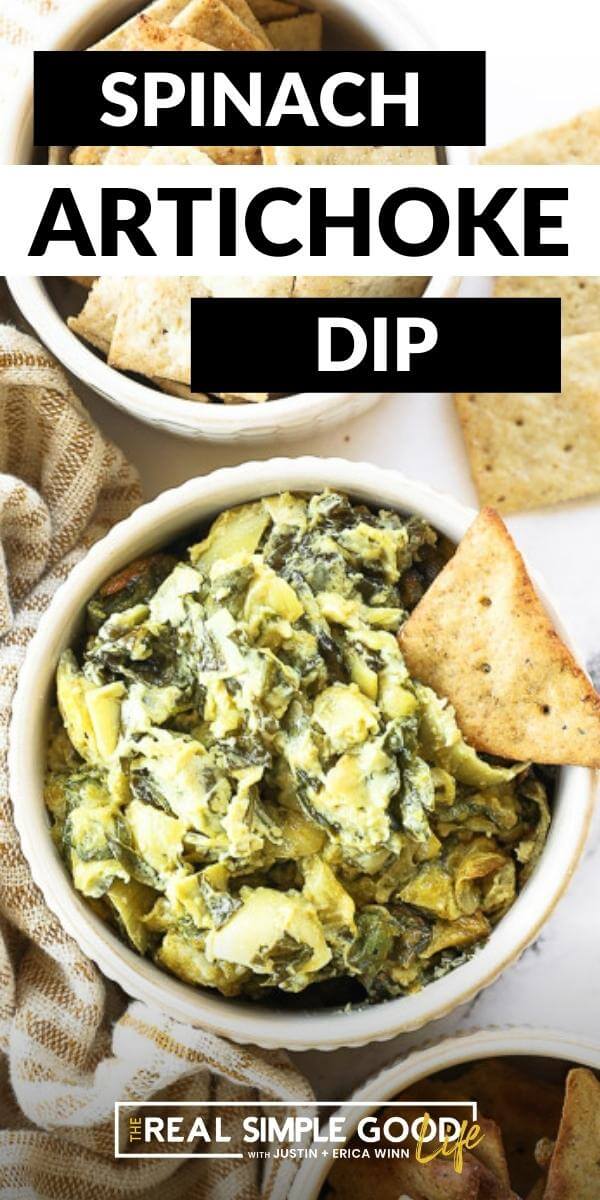Vertical image with text overlay at the top. Image of keto spinach artichoke dip in a ramekin with a cracker dug in. 