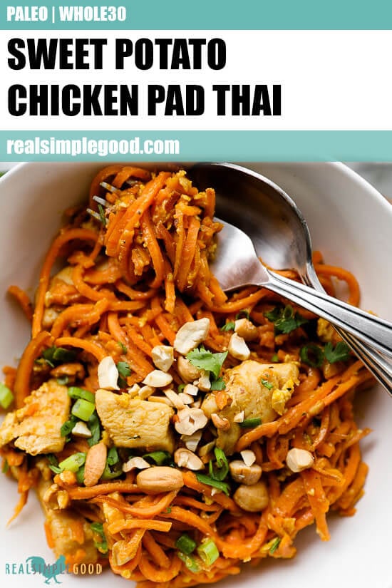 Close up image of healthy pad thai in a bowl with text overlay at top.