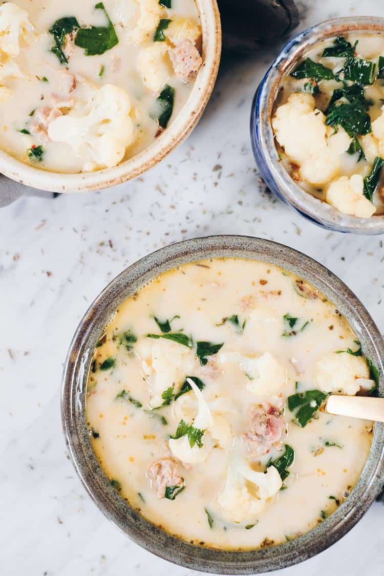 There's something extra cozy about a big bowl of soup on a fall day. This Whole30 Healthy Zuppa Toscana is a great way to enjoy a creamy, dairy-free soup! Paleo, Whole30, Gluten-Free, Dairy-Free. | realsimplegood.com