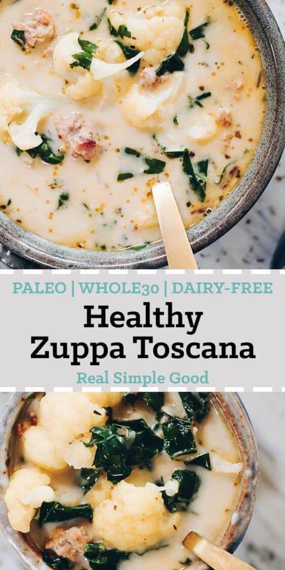 There's something extra cozy about a big bowl of soup on a fall day. This Whole30 Healthy Zuppa Toscana is a great way to enjoy a creamy, dairy-free soup! Paleo, Whole30, Gluten-Free, Dairy-Free. | realsimplegood.com