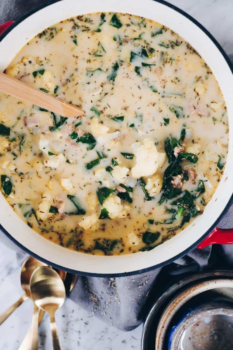 There's something extra cozy about a big bowl of soup on a fall day. This Whole30 Healthy Zuppa Toscana is a great way to enjoy a creamy, dairy-free soup! Paleo, Whole30, Gluten-Free, Dairy-Free. | realsimplegood.com
