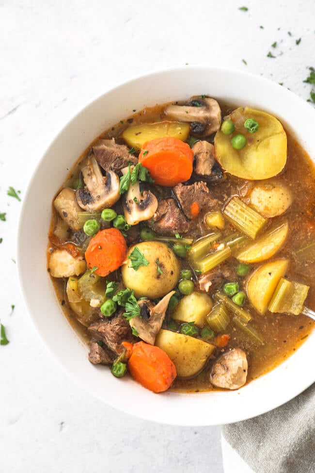 Overhead close up  shot of hearty instant pot beef and vegetable soup 