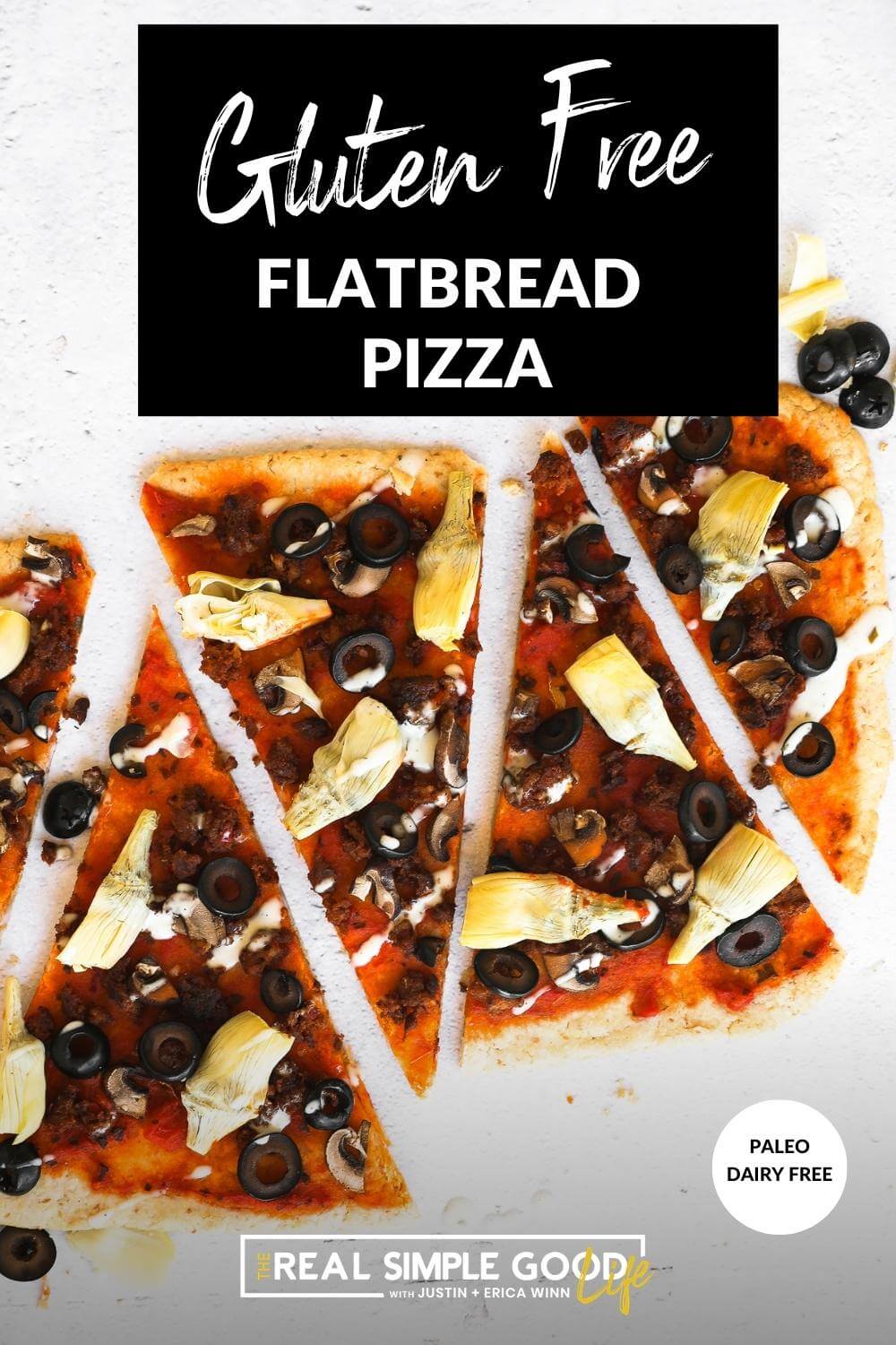 Vertical image with text overlay at the top. Pieces of flatbread pizza are scattered in a horizontal line. 