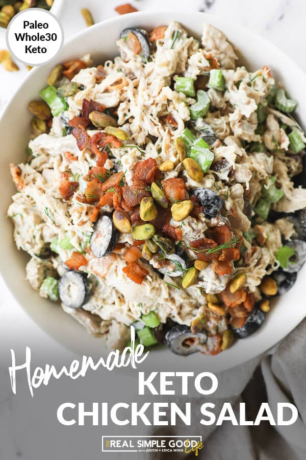 Vertical overhead close up image of keto chicken salad in a bowl with text overlay at top. 