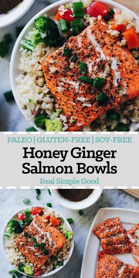 These honey ginger salmon bowls are not only a tasty way to enjoy salmon, but also quick and easy to make! They are Paleo, Gluten-Free and Soy-Free. | realsimplegood.com