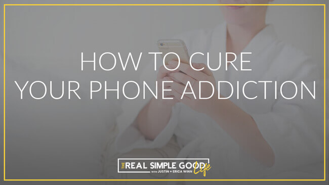 Woman in bathrobe with phone. Text overlay of how to cure your phone addiction.