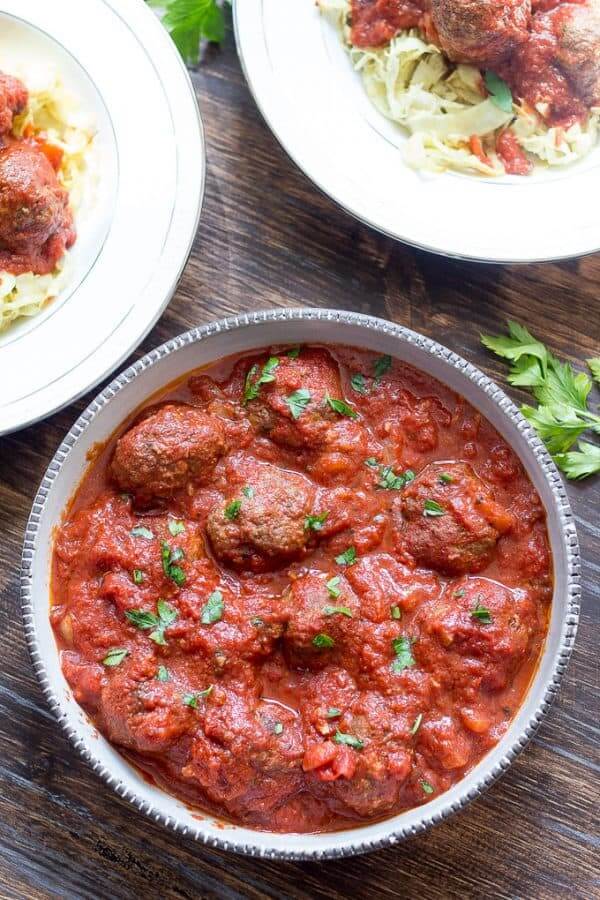 Meatballs in marinara in a large bowl