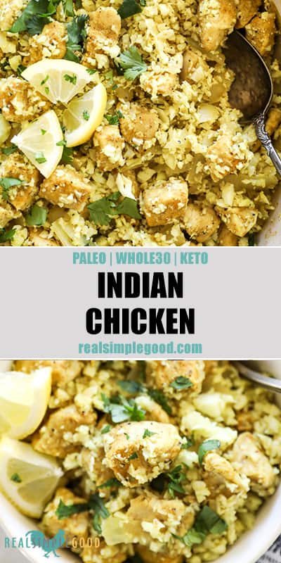 Overhead shot of indian chicken in pan and in a bowl. Text in middle