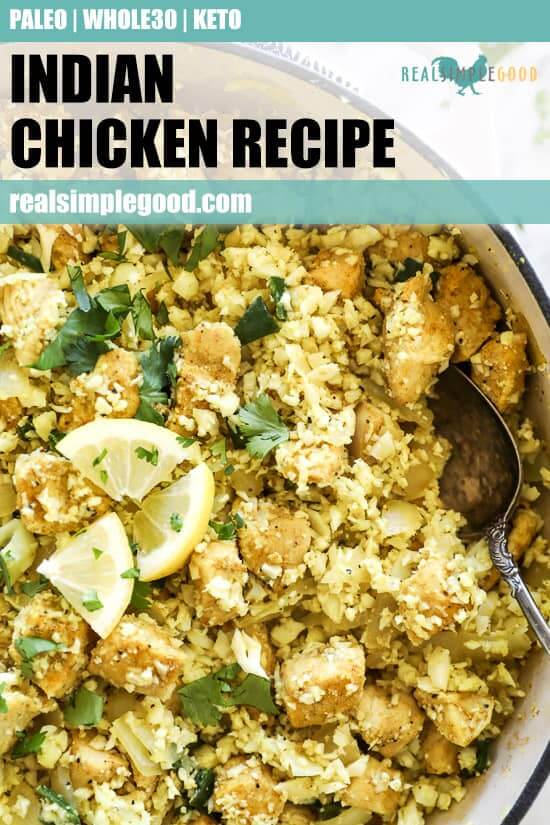 Overhead shot of indian chicken in pan with spoon on the side. Text at top