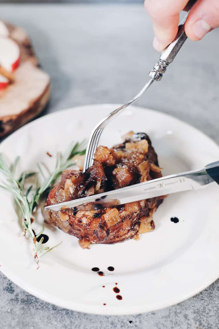 Easy, 6 ingredient instant pot pork chops with apple balsamic topping. This is a simple Paleo and Whole30 recipe that the whole family will love! #paleo #whole30 #instantpot #recipe | realsimplegood.com