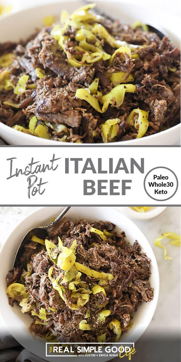 Split image with text in middle. Shredded beef and peppers close up angle image at top and shredded italian beef in a bowl overhead image at bottom