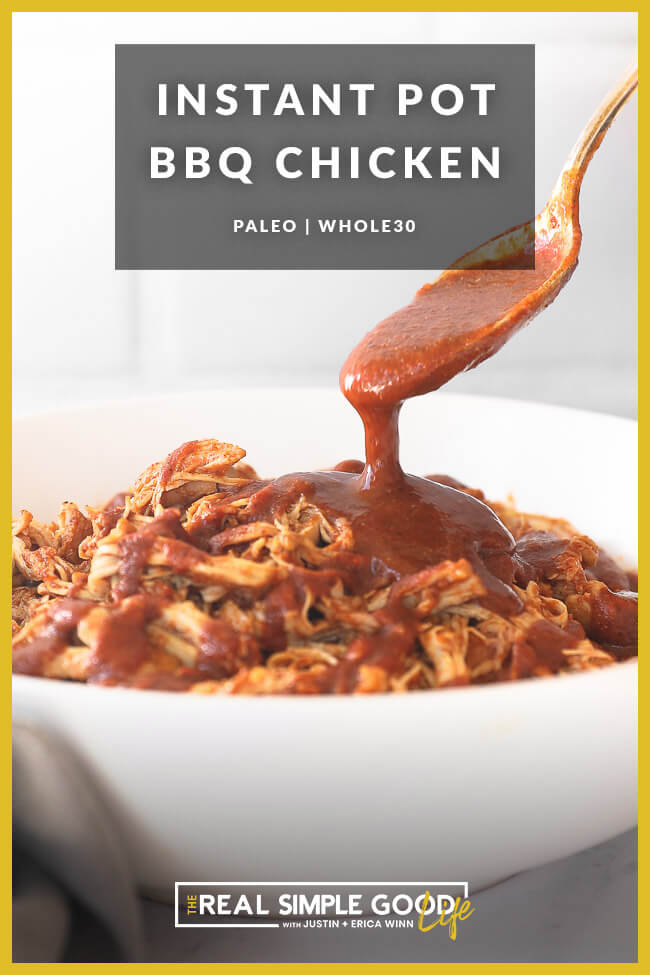 Instant pot bbq shredded chicken in a bowl with sauce pouring in from a spoon