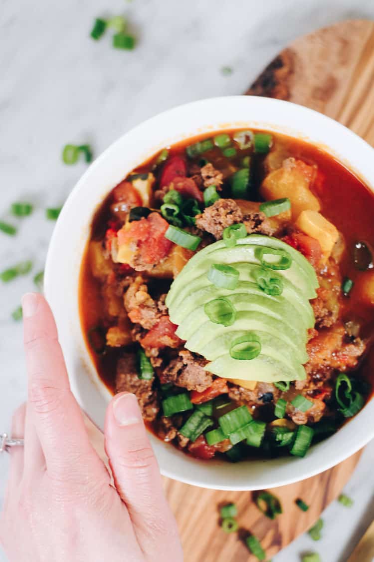 Add this Paleo and Whole30 Instant Pot Beef Stew to your agenda, it's an easy and tasty one you can enjoy all year long. It's packed with vegetables and you can top it with healthy fats and chopped green onion. #paleo #whole30 #instantpot #crockpot | realsimplegood.com